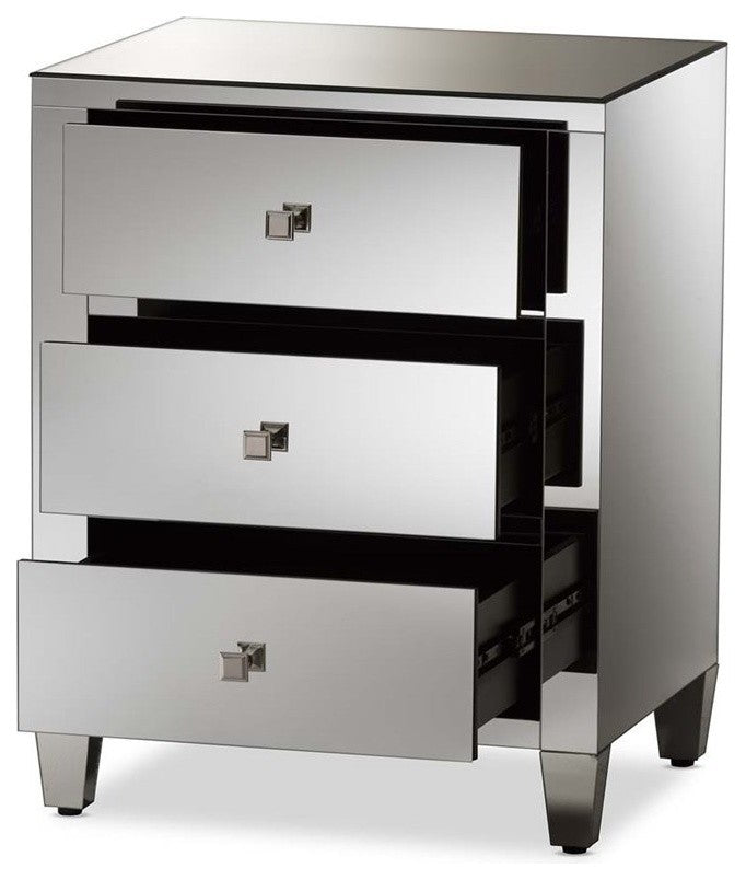 Rosalind HollyWood Regency Glamour Style Mirrored 3-Drawer Nightstand, Set of 2