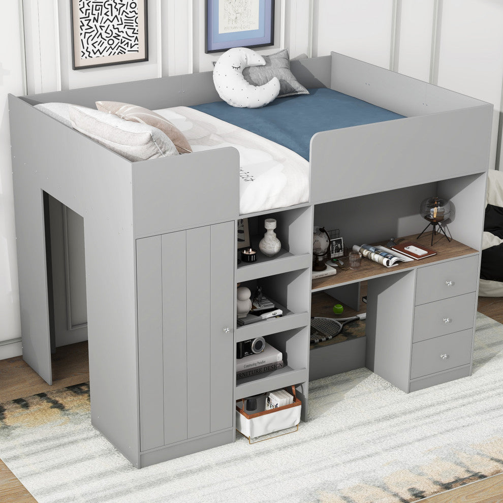 Gewnee Wood Full Size Loft Bed with Built-in Wardrobe