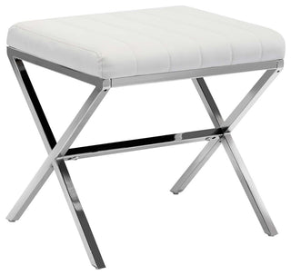 Channel-Tufted Faux Leather X Bench, White