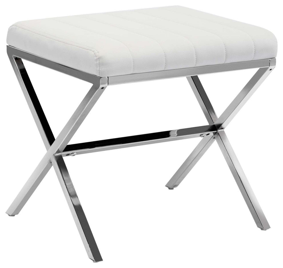 Channel-Tufted Faux Leather X Bench, White