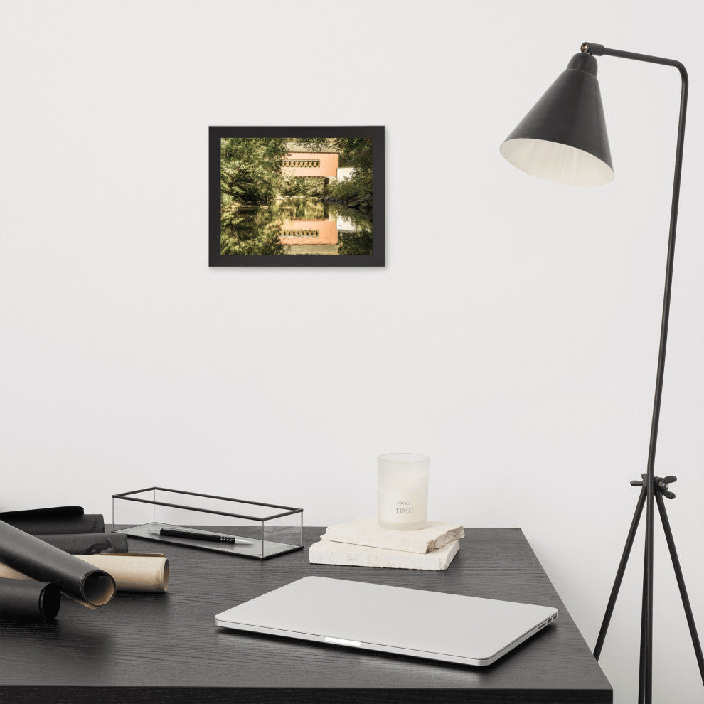 The Reflections of Wooddale Covered Bridge Aged Framed Photo Wall Art Print, Black, 8" X 10"
