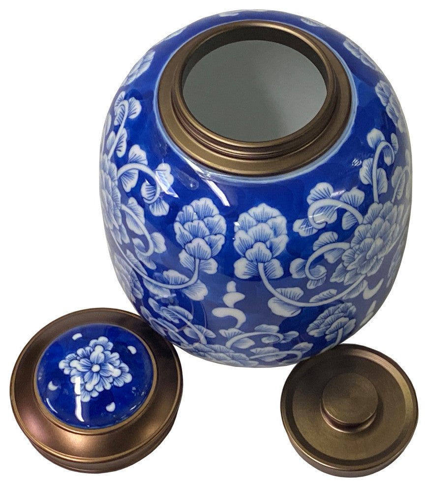 Oriental Handmade Blue White Porcelain Metal Lid Container Urn Hws1646