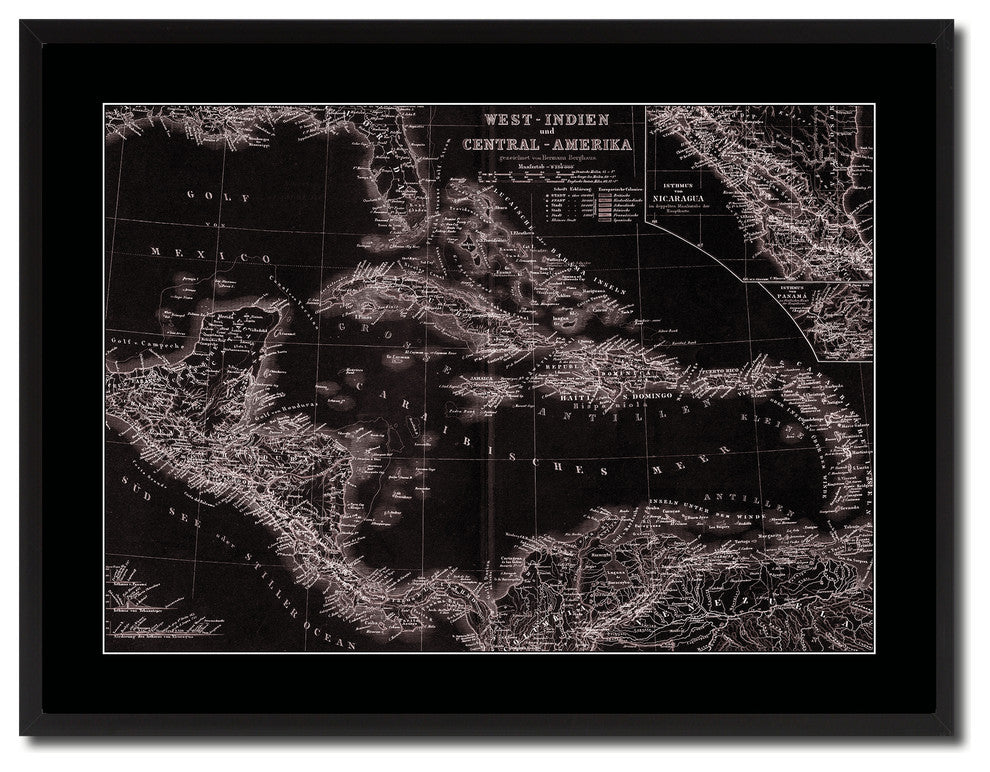 West Indies Old Vivid Sepia Map Print On Canvas With Black Frame, 28" X 37"