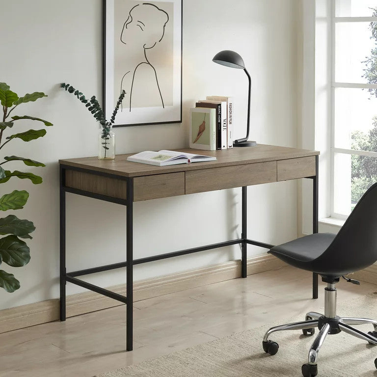 Transitional Desk, Open Frame With Worktop & Handless Drawers, Antique Gray Oak