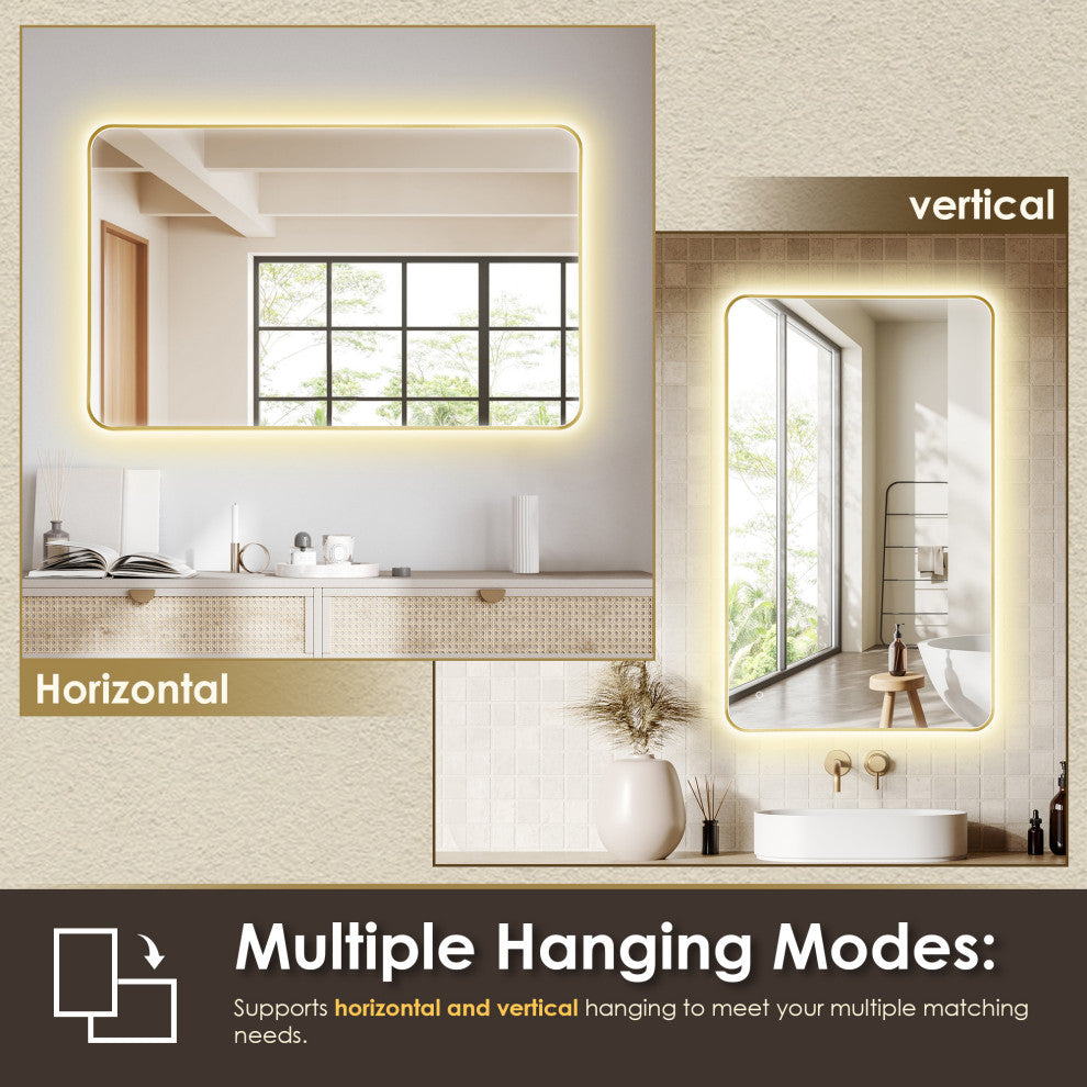 Dazzle Rectangular Bathroom/Vanity LED Lighted Wall Mirror, Brushed Gold, 48"