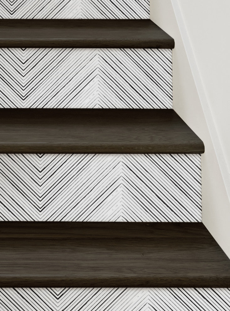 Chevron Lines Peel and Stick Stair Riser Strips, Black, 48"w X 7"h, 6 Pack