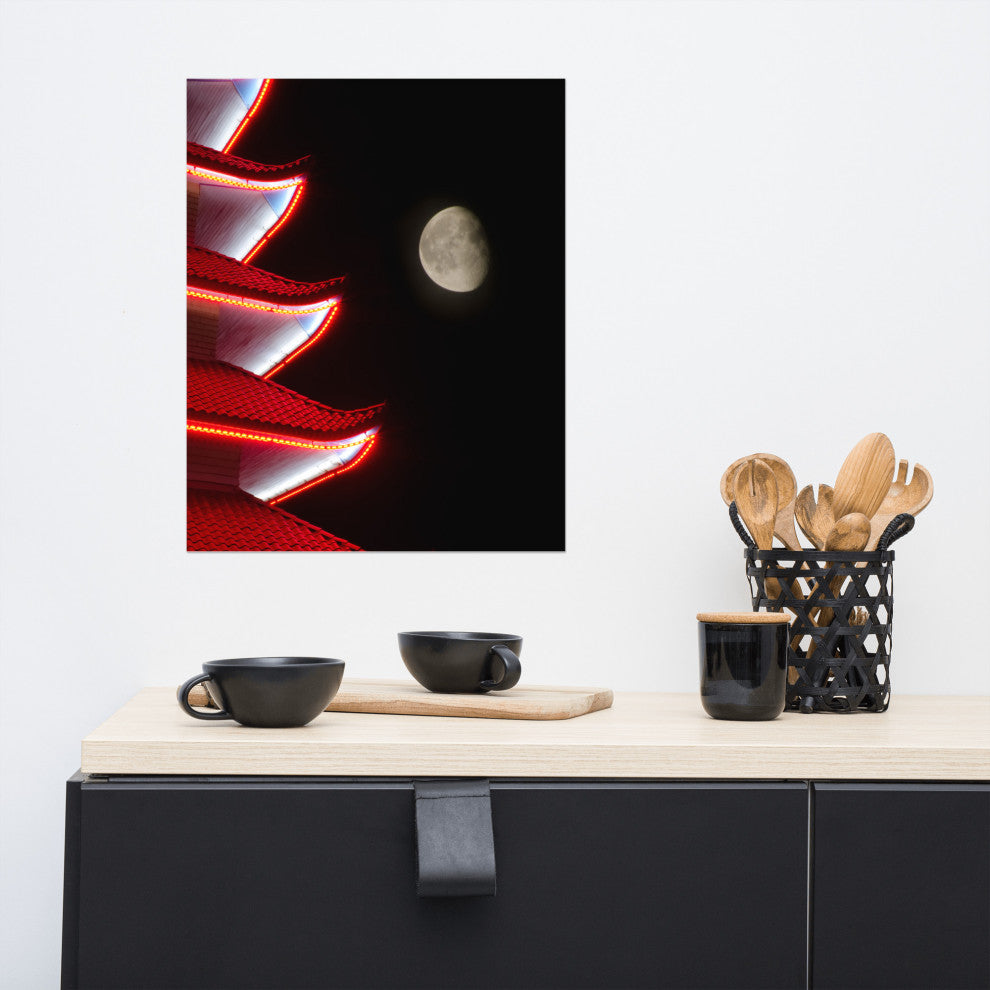 Moon Over Pagoda 1 Night Urban Photograph Unframed Wall Art Print, 16" X 20"