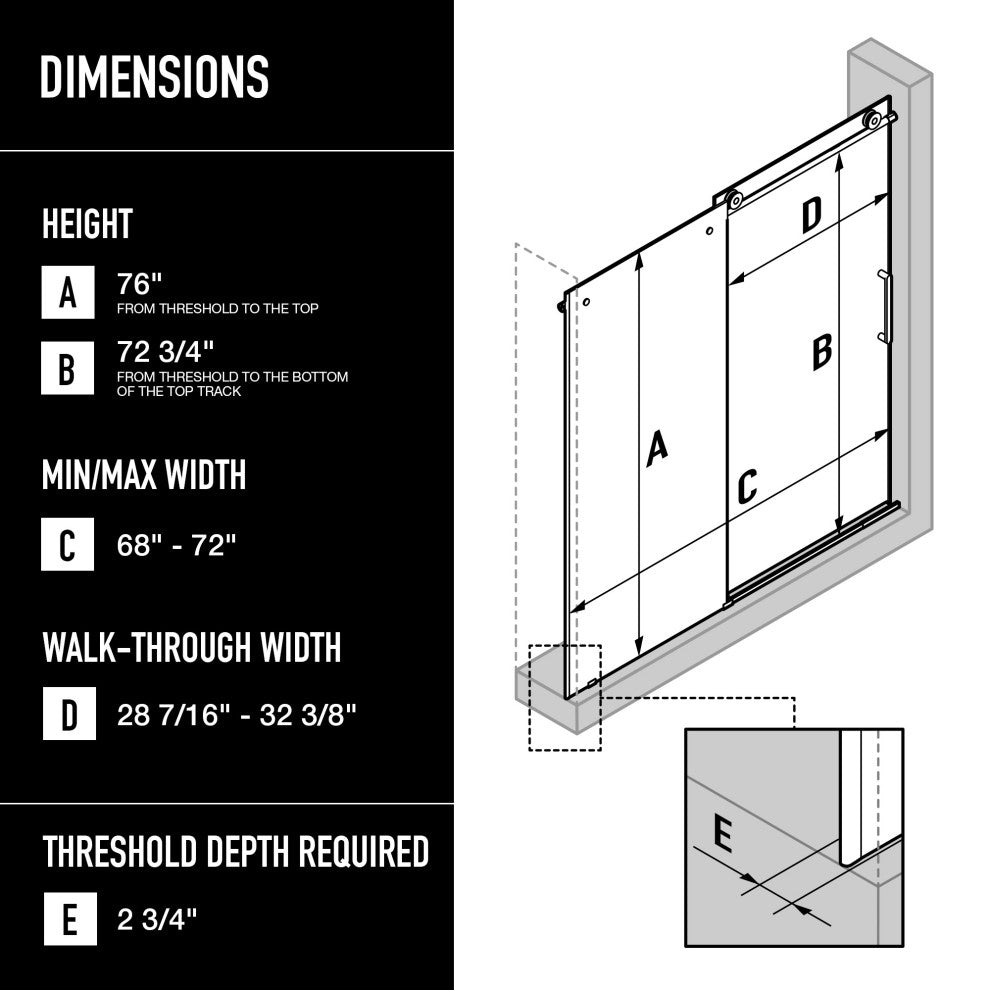 VIGO Elan Frameless Sliding Shower Door, V-Motion, Clear Glass, Stainless Steel, 68" to 72" W X 76" H