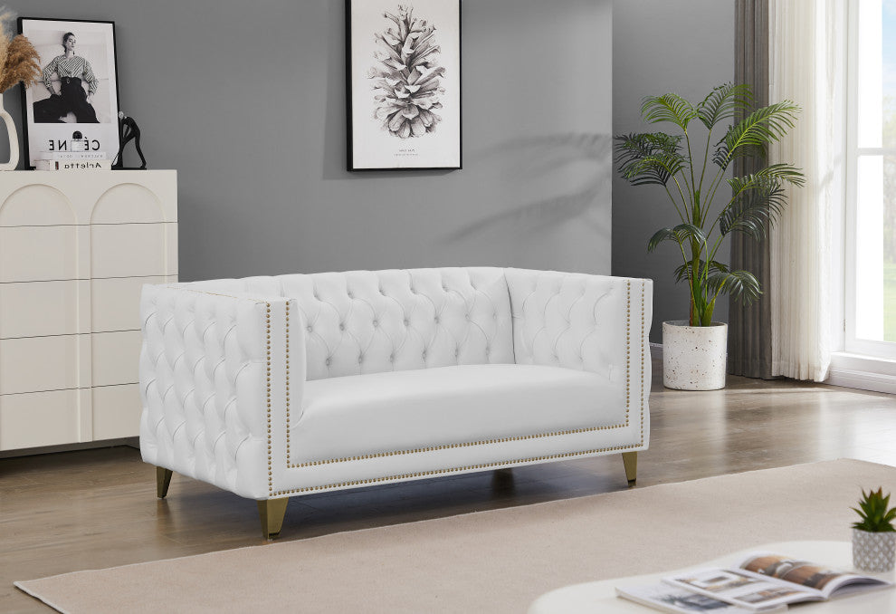 Michelle Fabric Upholstered Chair, Gold Iron Legs, White, Vegan Leather, Loveseat