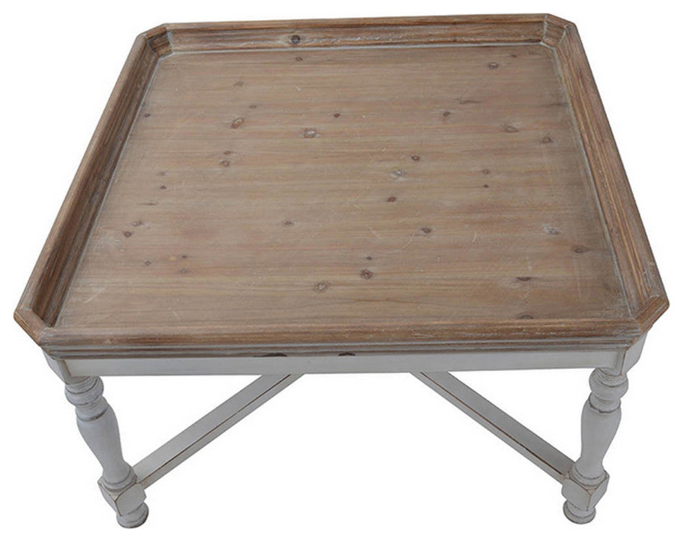 Benzara BM285220 33" Coffee Table, Tray Top, Rustic Fir Wood, Antique White