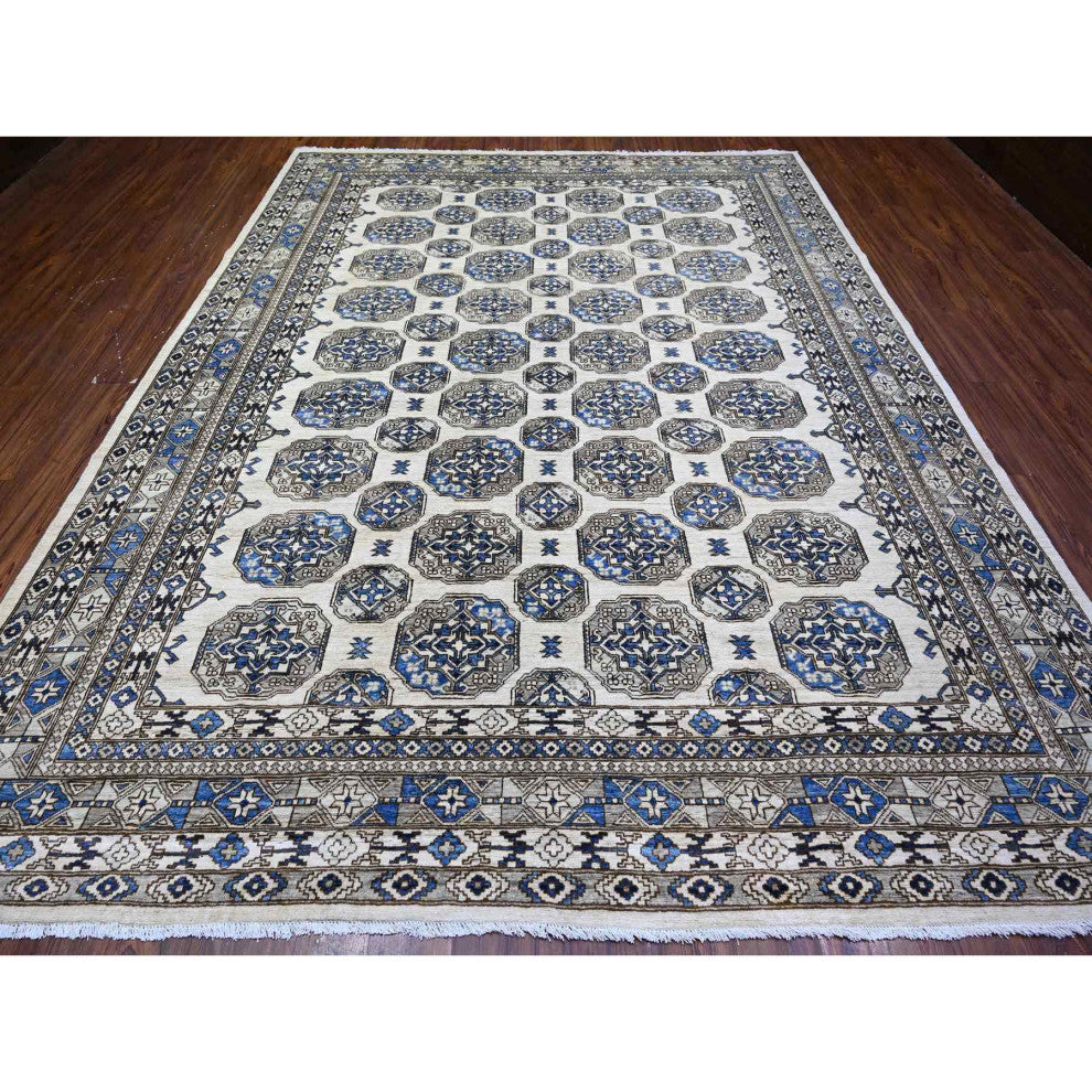 Porcelain Ivory Afghan Ersari Design Hand Knotted Natural Wool Rug 9'1"x11'11"