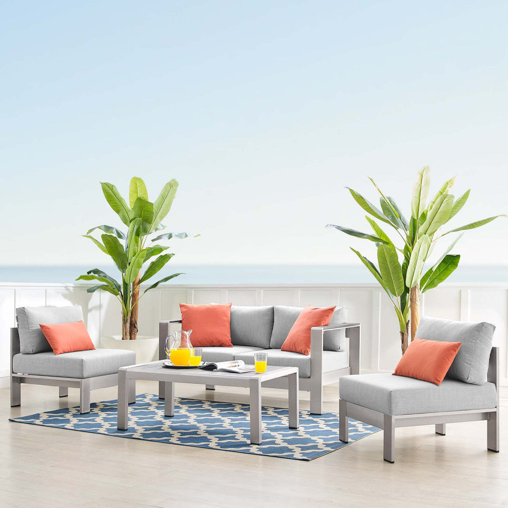 Sectional Sofa Chair Table Set, Sunbrella, Aluminum, Silver Gray, Outdoor