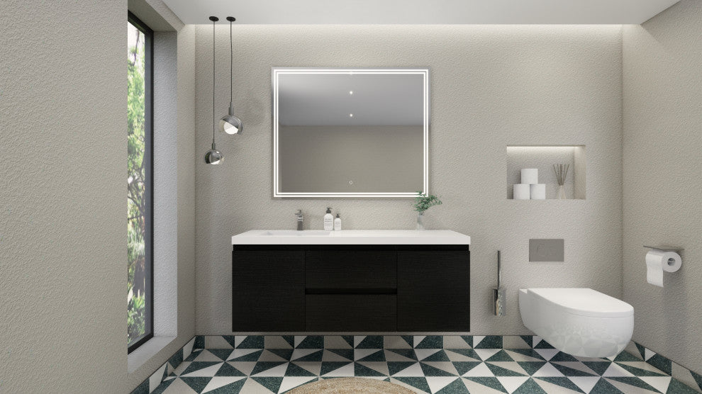 Belli 60" Left Single Sink Wall Mount Vanity, Rich Black Oak, Glossy White Top