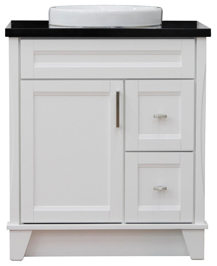 31" Single Sink Vanity, White Finish With Black Galaxy Granite With Round Sink