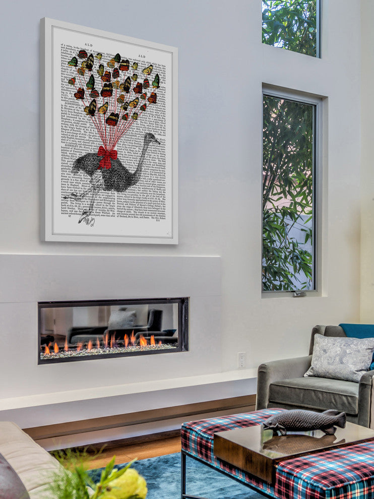 "Ostrich Flying with Butterflies" Framed Painting Print, 30"x45"