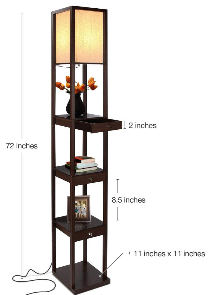 Brightech Maxwell Drawer Edition - Shelf & LED Floor Lamp Combination, Havana Brown