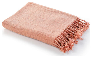 Checkered Weave Throw Blanket with Fringe, Coral Pink