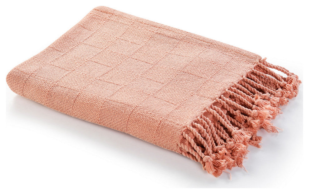 Checkered Weave Throw Blanket with Fringe, Coral Pink