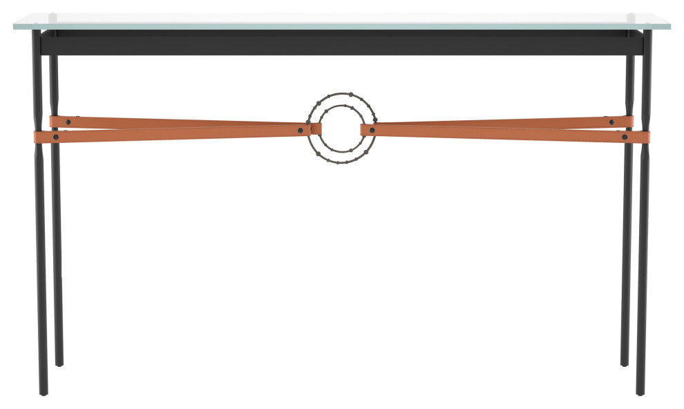Equus Console Table, Black Finish - Dark Smoke Accents - Chestnut Leather Strap