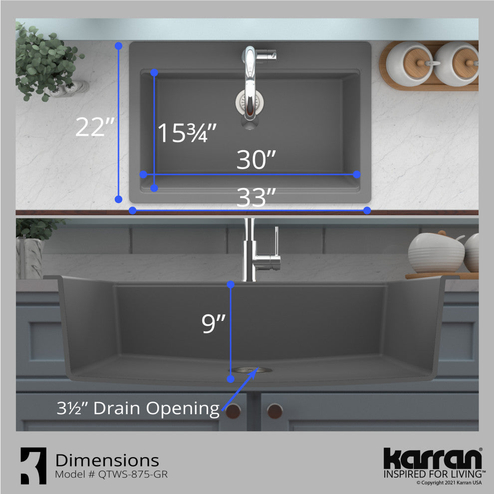 Karran Top Mount 33" Single Bowl Quartz Workstation Kitchen Sink, Grey
