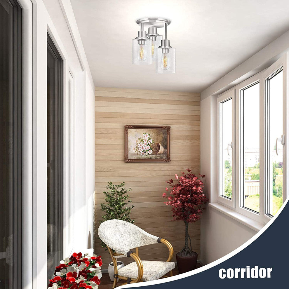 3 Light Close To Ceiling Light Fixture, Semi Flush Mount, Nickel