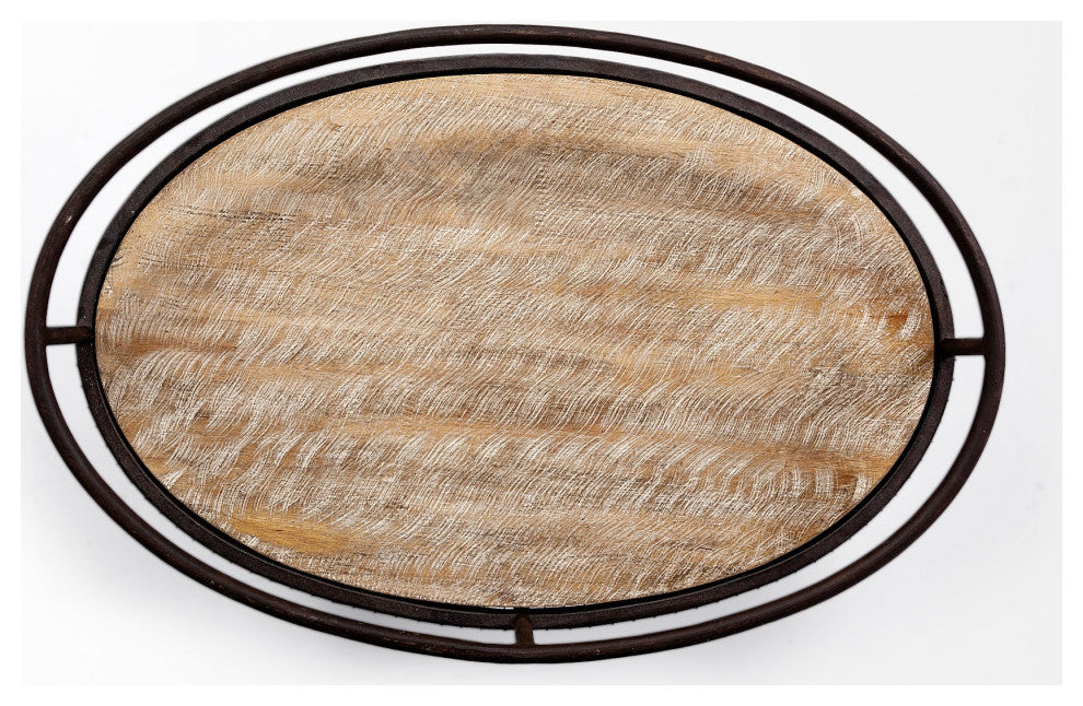 Saluti II Black Metal Oval Caged Frame w/ 3 Wood Shelves Bar Cart