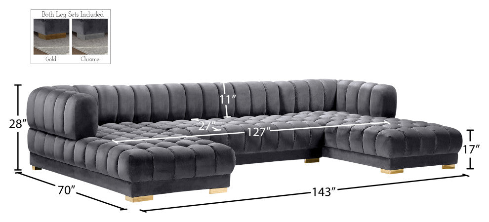 Gwen Biscuit Tufted Velvet Upholstered 3 Piece Sectional, Gray