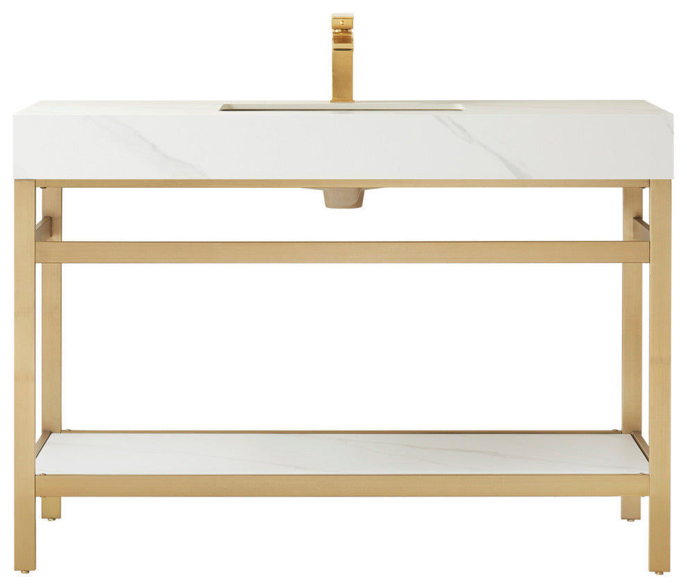 Funes Bath Vanity without Mirror, Brushed Gold Hardware, 48'', White Stone Top