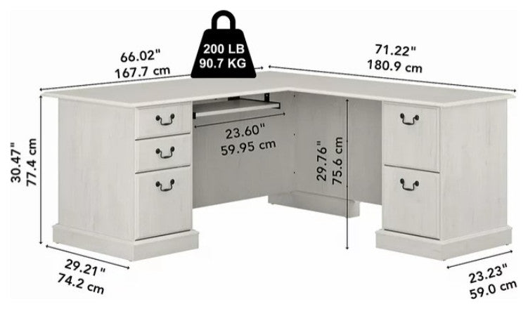 Classic L-Shaped Desk, Retractable Keyboard Tray & Multiple Drawers, Off White