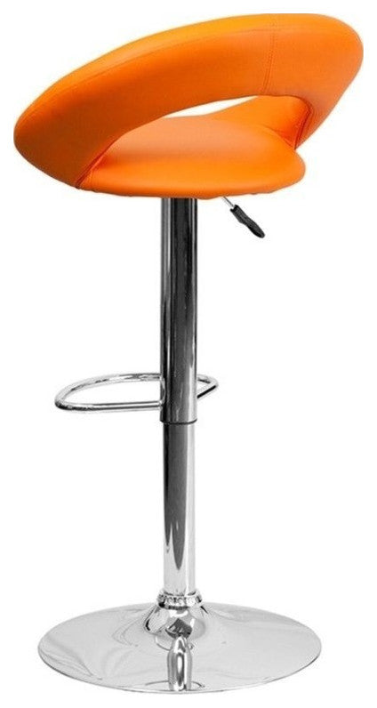 Contemporary Orange Vinyl Rounded Back Adjustable Barstool With Chrome Base