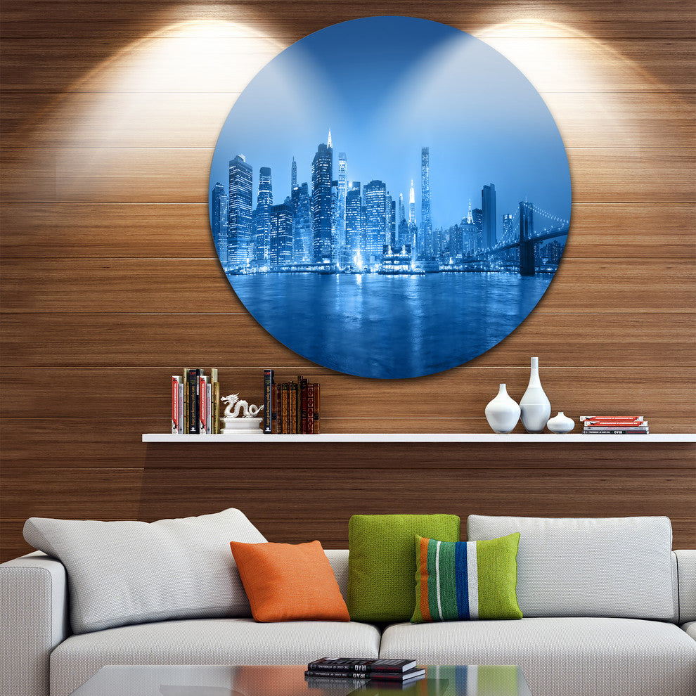 Blue Panorama Of New York City, Cityscape Disc Metal Artwork, 36"
