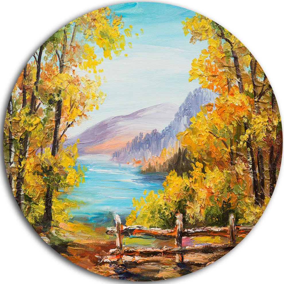 Mountain Lake In The Fall, Landscape Disc Metal Artwork, 11"