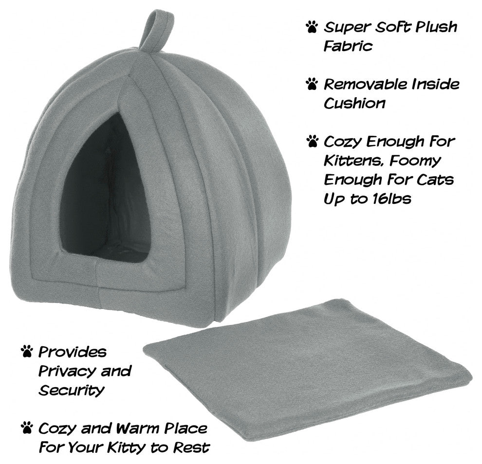 Igloo Cat Bed, Soft Indoor House, Removable Cushion by Petmaker, Grey