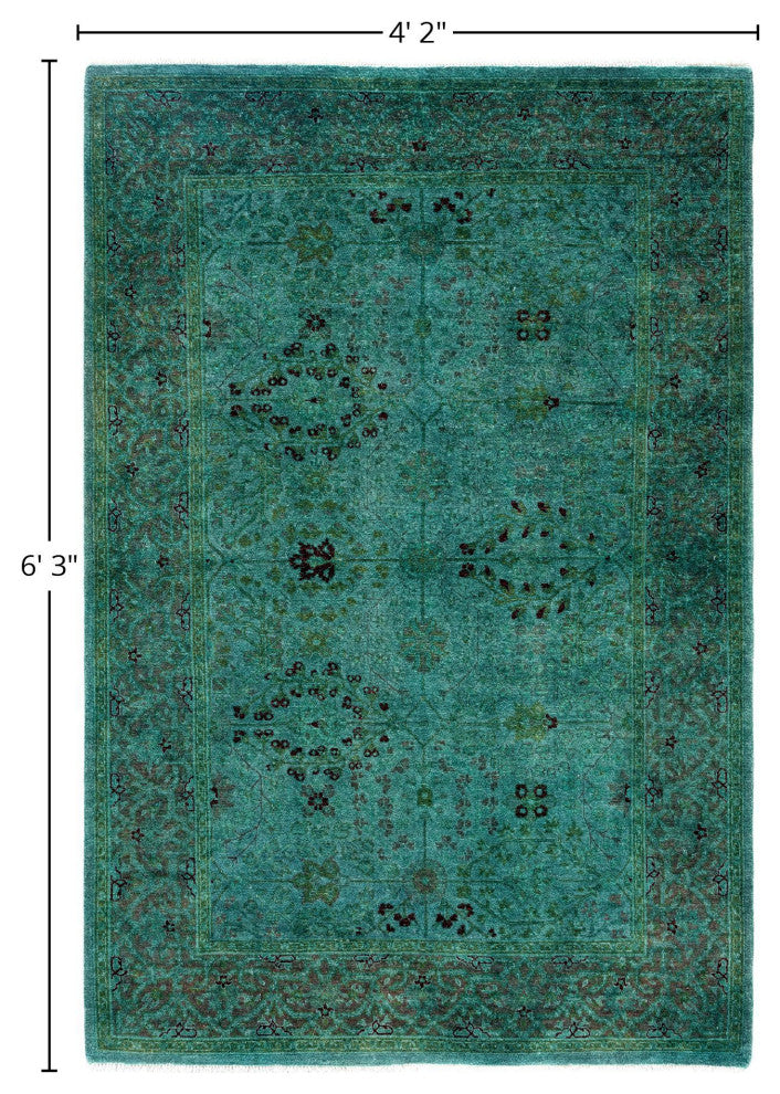 Overdyed One-of-a-Kind Hand-Knotted Area Rug Green, 4' 2" x 6' 3"