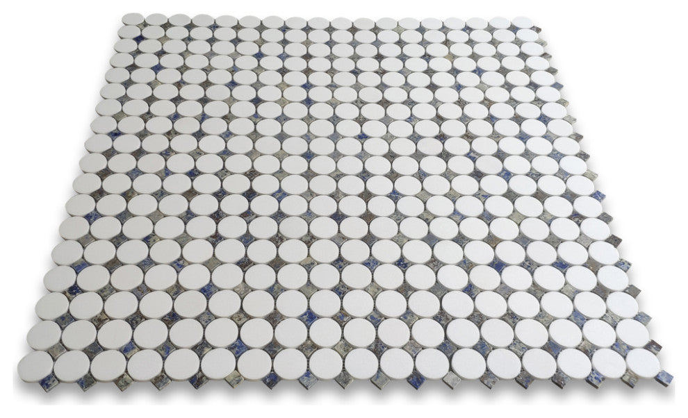Thassos White Marble Round Mosaic Tile Azul Macaubas Blue Dots Honed, 1 sheet