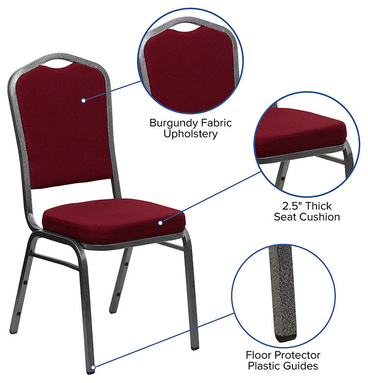 Crown Back Stacking Banquet Chair in Burgundy Fabric-Silver Vein Frame