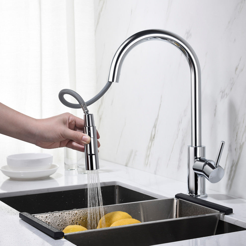 Brass Single Handle Pull Out Kitchen Faucet, Chrome W/ Soap Dispenser
