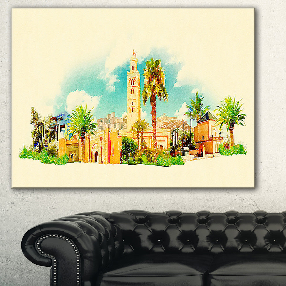 "Marakesh Panoramic View" Cityscape Watercolor Canvas Print, 32"x16"