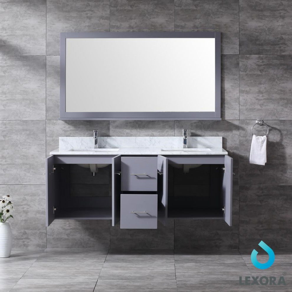 Amelie 60" Dark Grey Double Vanity Carrara Marble Top Sinks and 60" Wall Mirror
