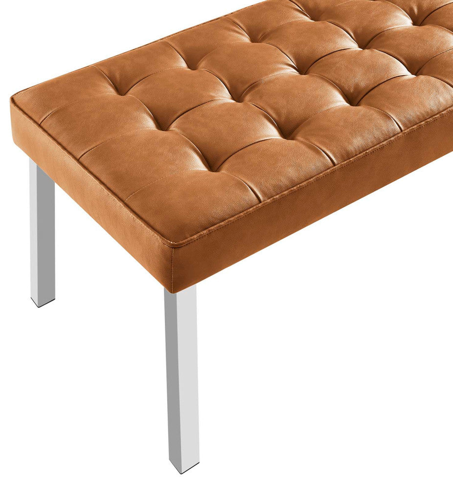 Loft Tufted Large Upholstered Faux Leather Bench Silver Tan