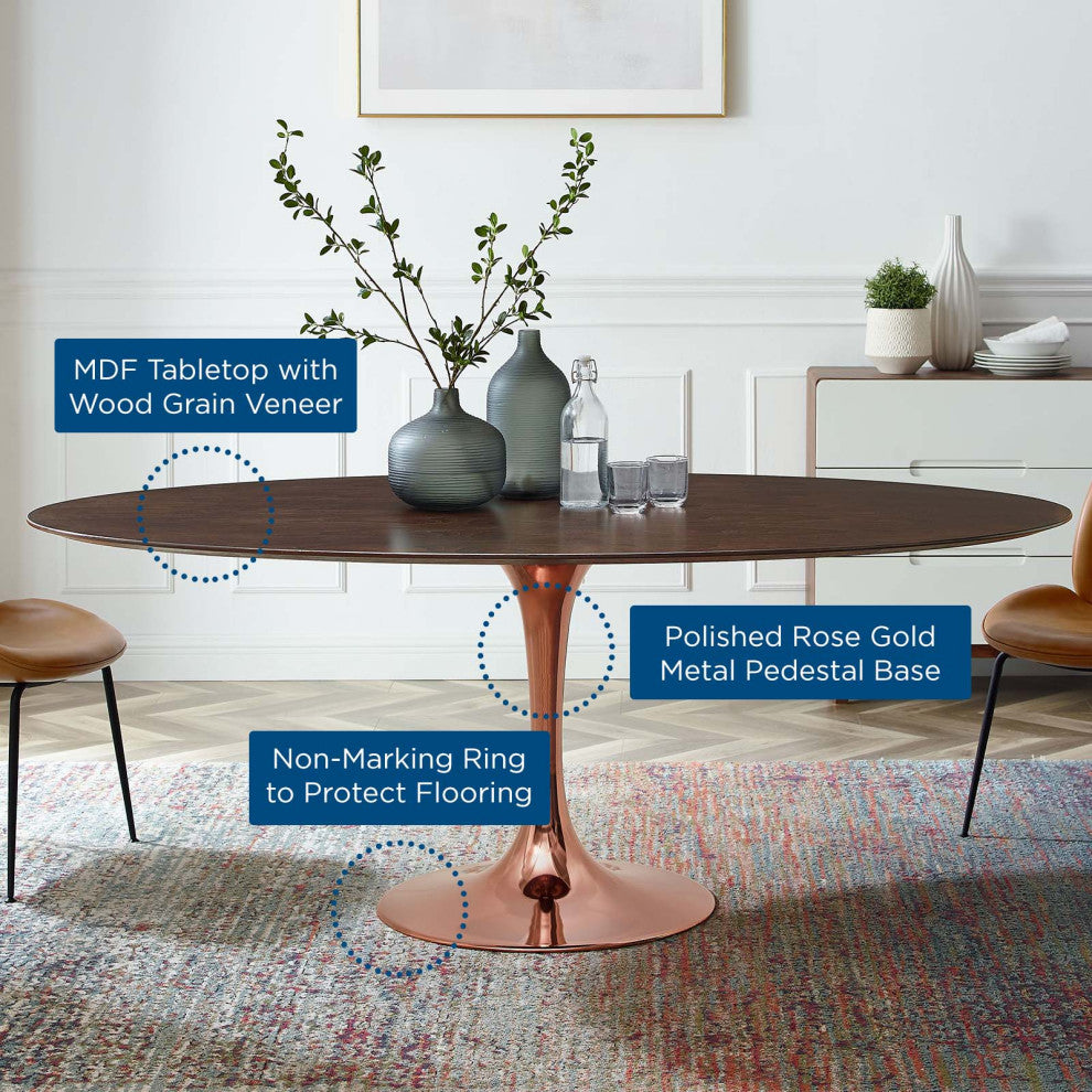 Dining Table, Oval, Wood, Rose Gold Dark Brown Brown Walnut, Modern, Cafe Bistro