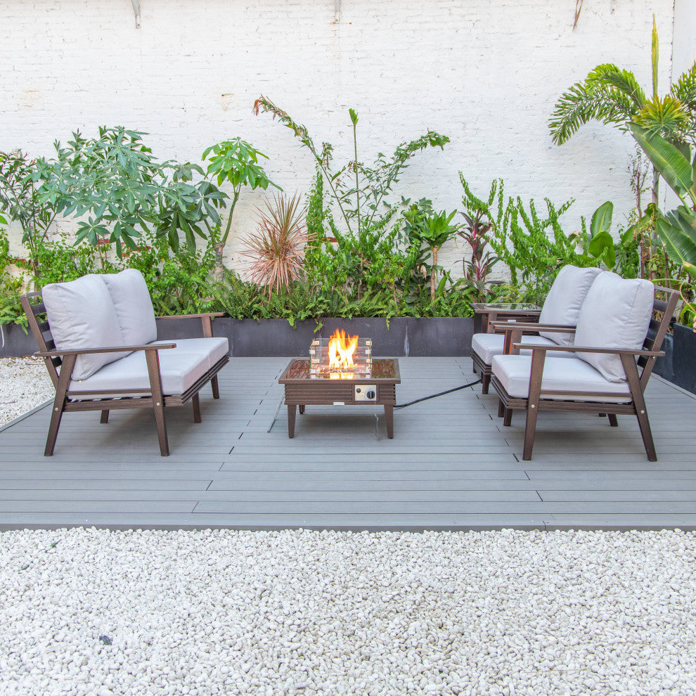 LeisureMod Walbrooke Patio Conversation Set With Fire Pit Table, Light Grey