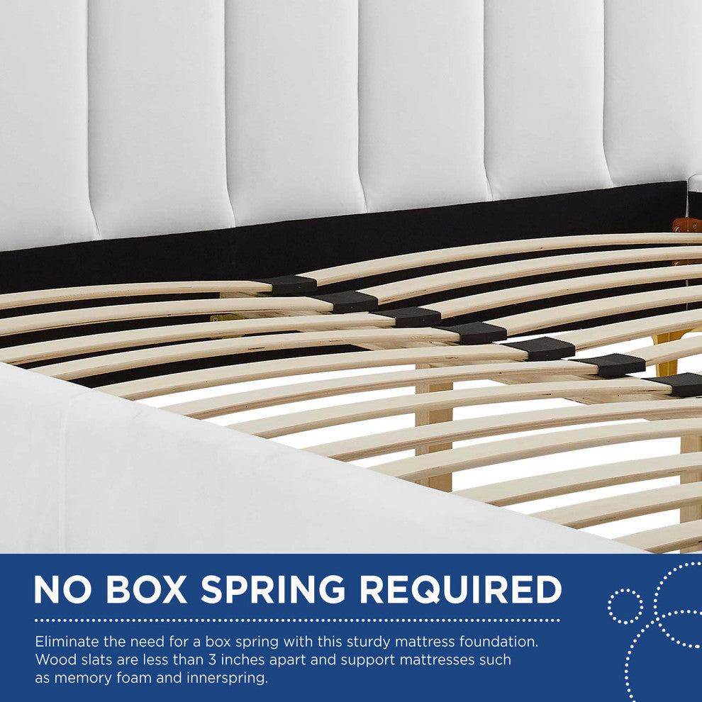 Platform Bed Frame, Queen Size, Velvet, White, Modern Contemporary, Bedroom