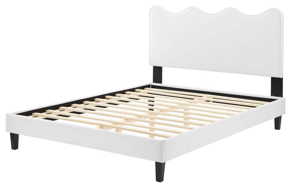 Platform Bed Frame, King Size, White, Velvet, Modern, Bedroom Guest Suite