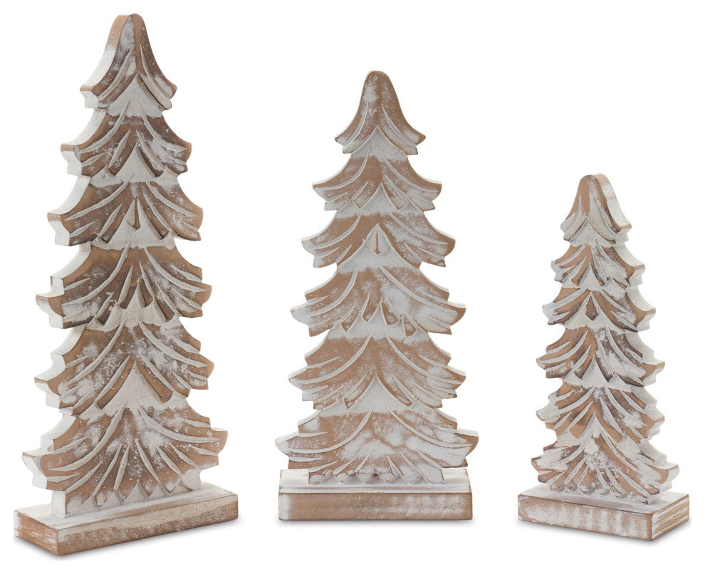 Wood Carved Pine Tree, 3-Piece Set