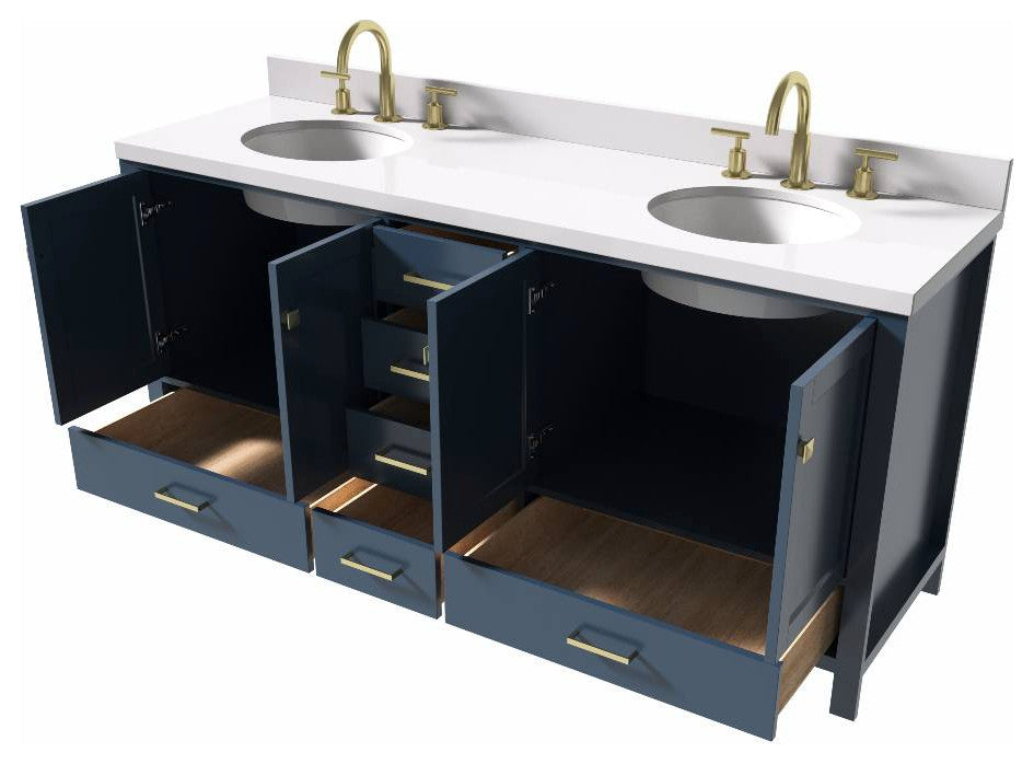 Cambridge Midnight Blue 73" Double Oval Sink Vanity With White Quartz Countertop