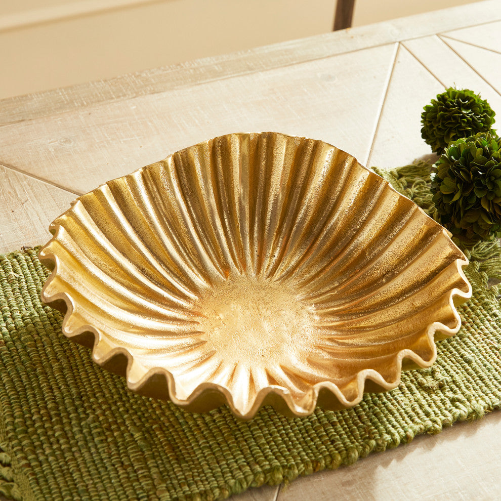 Modern Gold Metal Ruffled Ridged Decorative Bowl Organic Shape Round C