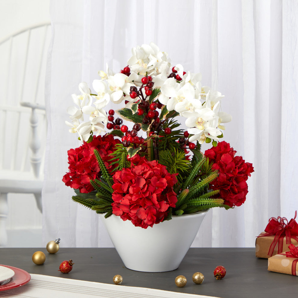 18" Phalaenopsis Orchid, Hydrangea, Cactus & Holly Berry Faux Arrangement, Vase