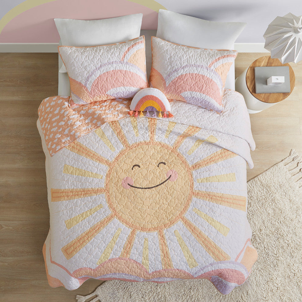 UrbanHabitat Kids Reversible Sunshine Printed Cotton Quilt Set With Throw Pillow