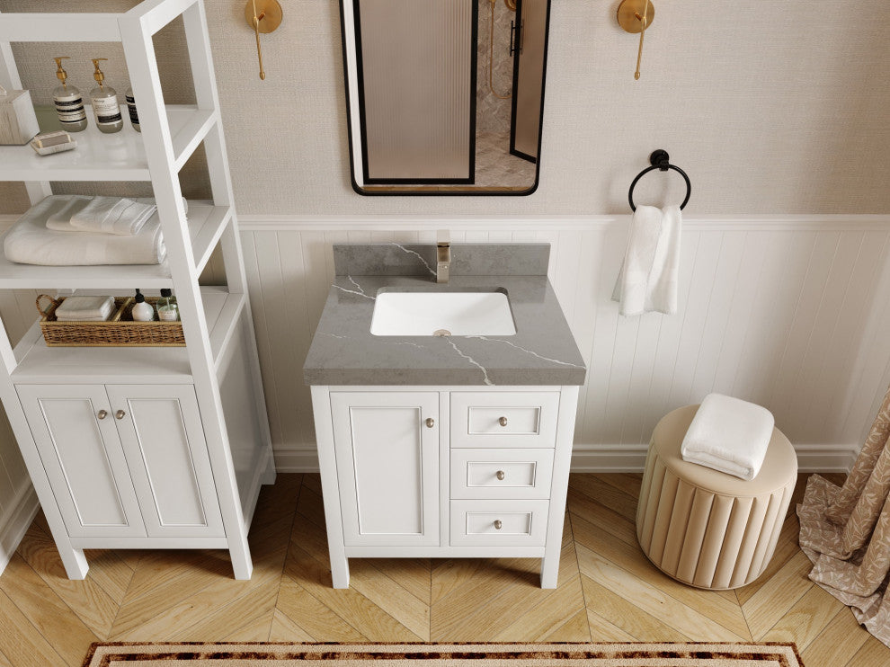 Nashville 30" Single Sink Bath Vanity, White 2" Piatra Gray